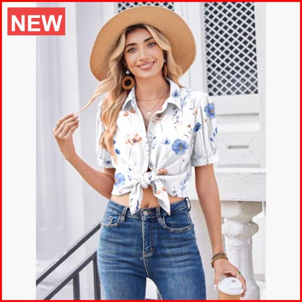 Polyester Chiffon Button Down Shirt Puff Short Sl… - image 4